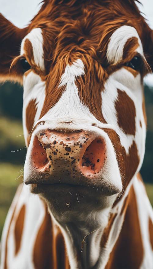 Tampilan close up dari masker wajah yang dihiasi cetakan sapi, dalam suasana alami.