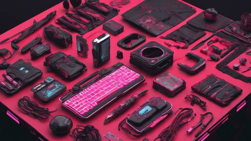 Un conjunto de herramientas de supervivencia para la vida ciberpunk, con dispositivos y gadgets teñidos de rojo y negro.