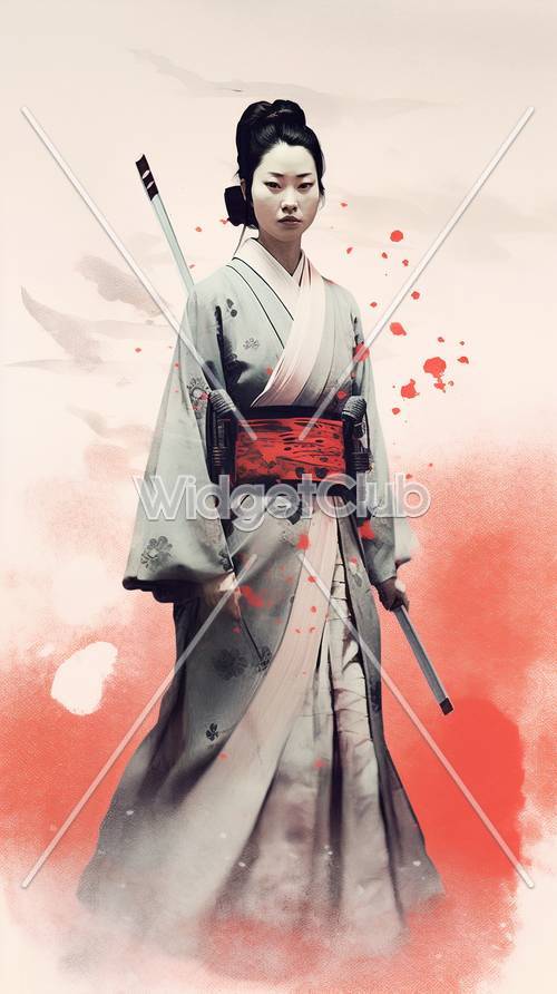 Элегантный самурай в цветочном кимоно