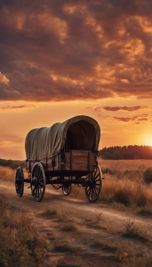 Uma carroça coberta em direção ao oeste, recortada contra o pôr do sol de outono.