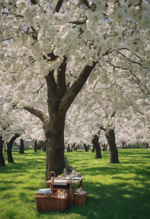 A scenic picnic under a canopy of white cherry blossoms in a lush green park.