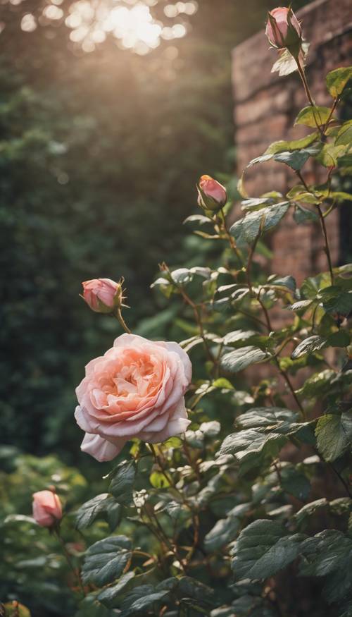 Duża, zabytkowa róża rosnąca w angielskim ogrodzie wiejskim.