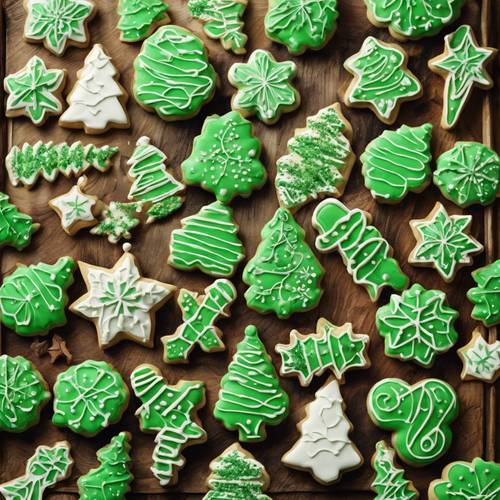 Uma variedade de biscoitos verdes de Natal em uma bandeja de madeira rústica.