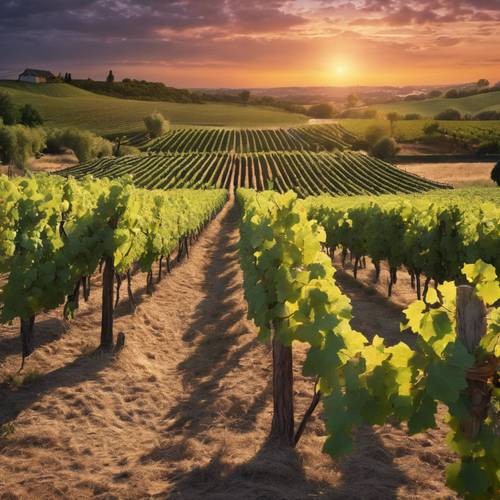 A spectacular sunset lighting up the sky over a sprawling vineyard.