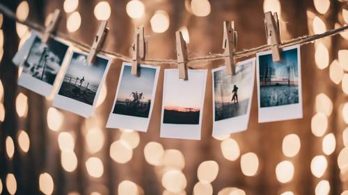 Polaroids hung on a line with clothespins, each carrying a single word that forms an inspirational quote when read together.