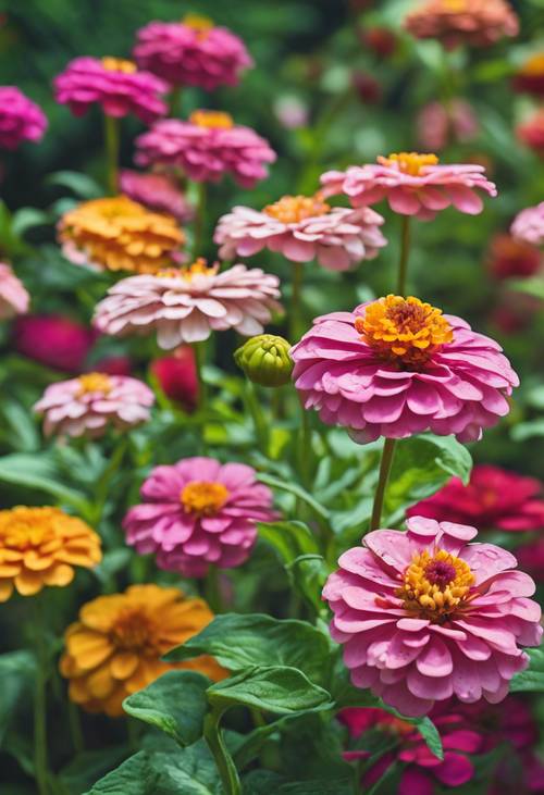 A well-tended zinnia garden in full bloom, ready for visitors.