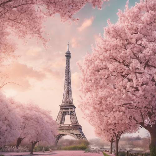 Wymarzona pastelowa grafika przedstawiająca Wieżę Eiffla otoczoną wiosennymi kwiatami wiśni.
