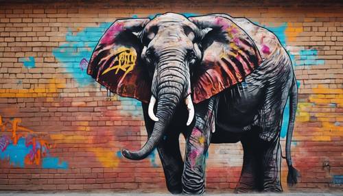 Sztuka uliczna przedstawiająca majestatycznego słonia, energicznie namalowanego żywymi graffiti na ceglanej ścianie.