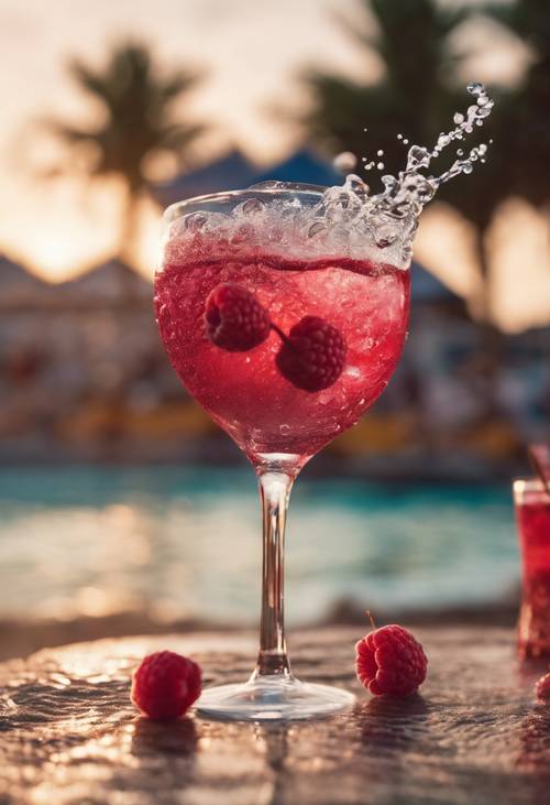Une framboise tombant dans un cocktail pétillant sur fond de fête estivale sur la plage.