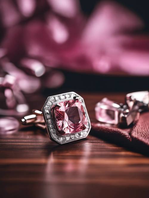 Beautiful pink diamond cufflinks on a dark mahogany table.