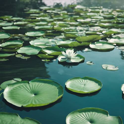 Bunga lili hijau giok mengambang di kolam biru yang tenang.