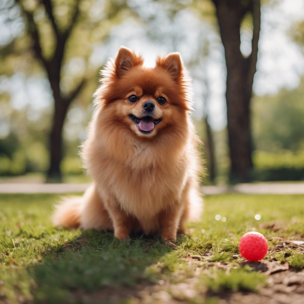 A cute red Pomeranian dog playing fetch in a park. Tapet[54595723920947489e4b]