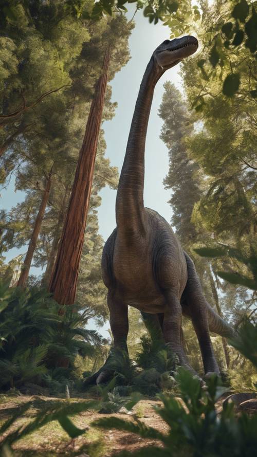 A Diplodocus reaching its long neck high to munch leaves from the top of a giant redwood tree.