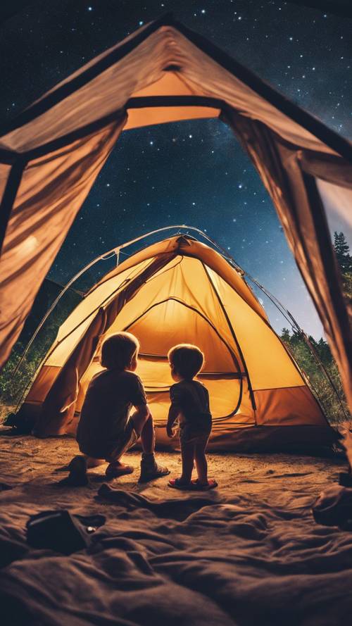 テントの上に広がる輝く星空に感動する家族のキャンプ旅行