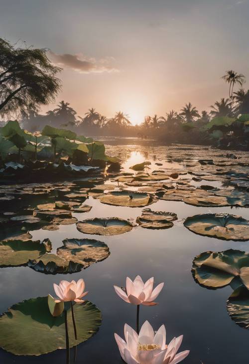 A reflective, black lagoon adorned by beautiful lotus flowers about to bloom at sunrise.