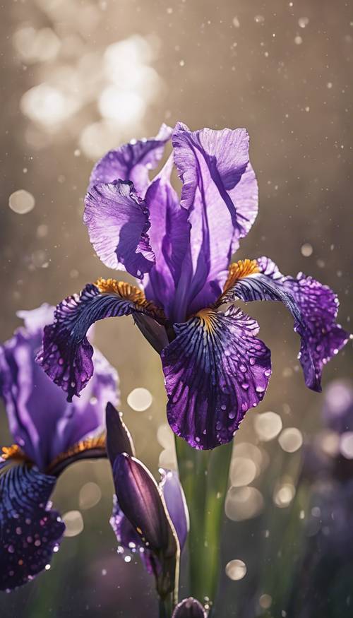 An elegant purple iris with black speckles, covered in morning dew