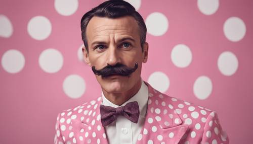 Ein bezaubernder Mann mit Schnurrbart, der einen rosa Vintage-Anzug mit riesigen weißen Punkten trägt und extravagant tanzt.