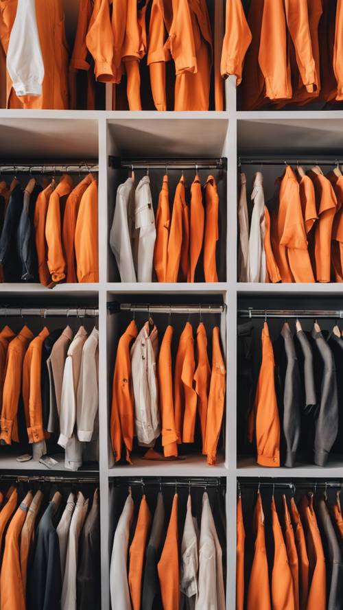 A Y2K era wardrobe displaying orange-colored clothing, including shirts, pants, and jackets. Wallpaper [ebc8655b9ea843beb202]