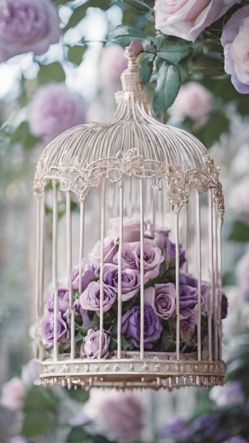 A pastel gothic birdcage filled with purple and white roses.