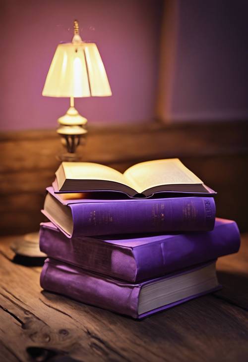 독서등의 따뜻한 빛을 받는 어두운 나무 테이블 위에 오래된 보라색 양장본 소설이 놓여 있습니다.