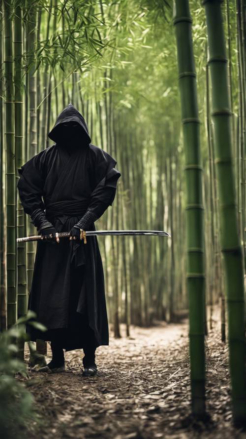 Seorang ninja tersembunyi dalam pakaian hitam tradisional bersembunyi di balik bayang-bayang hutan bambu.