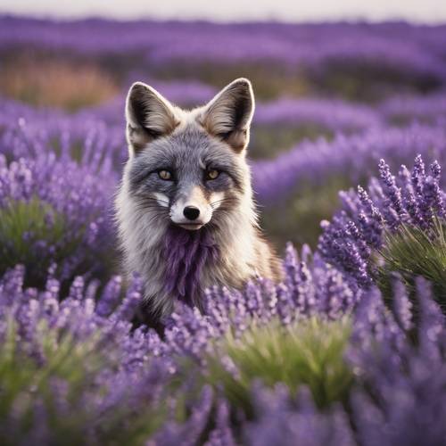 一隻銀狐在鬱鬱蔥蔥的紫色薰衣草田裡。