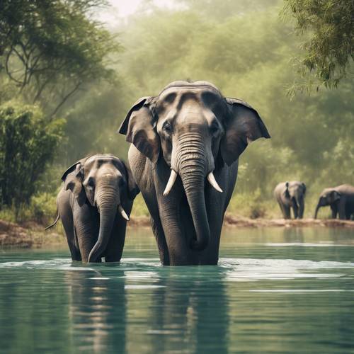 인도 코끼리 가족이 물에 잠긴 인도 호수의 맑고 유리 같은 물에서 더위를 식히고 있습니다.