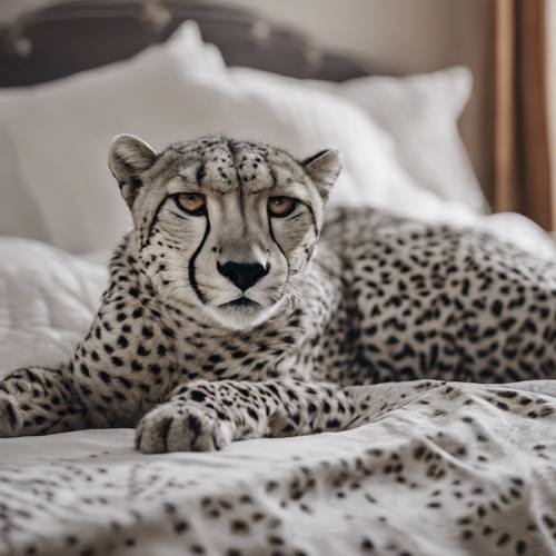 Una vista mozzafiato di una stampa di un ghepardo grigio stesa sul lenzuolo in una camera da letto in stile boho.