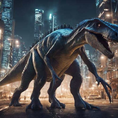 Dinosaurus keren bergaya anime di lanskap kota futuristik di malam hari.