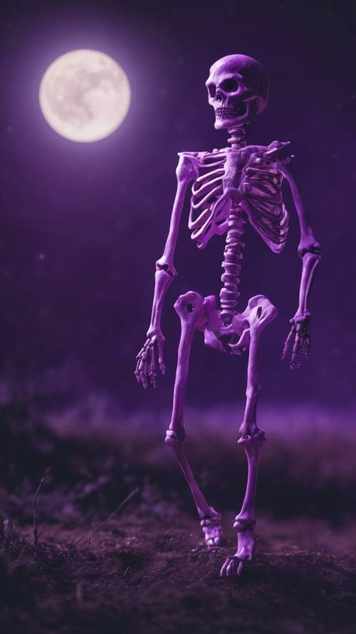 An eerie purple skeleton with glowing eyes standing in the moonlight".