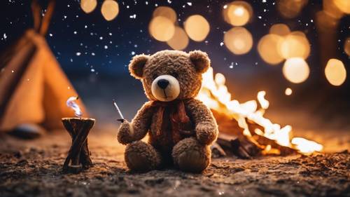 A teddy bear sitting by a campfire, roasting marshmallows on a stick under the starry night sky.