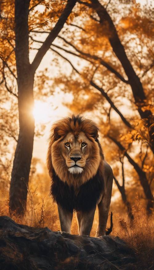 Scena di foresta autunnale con un maestoso leone dorato, associato al segno zodiacale del Leone, in piedi sulla cima di una collina sotto un tramonto infuocato.