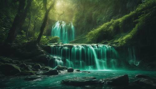 Một bức tranh siêu thực về một thác nước màu xanh đậm đổ vào một cõi huyền bí, thanh tao.