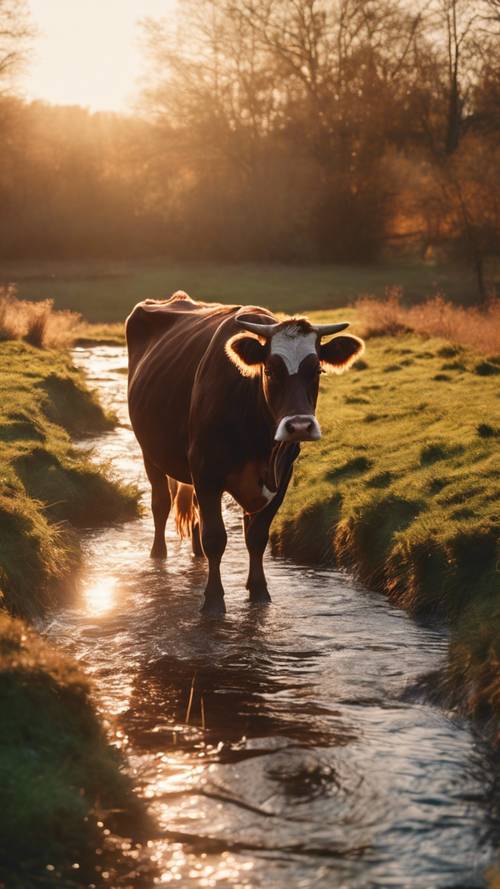 Seekor sapi berwarna coklat coklat merumput dengan damai di dekat sungai yang mengalir, bermandikan cahaya matahari terbenam