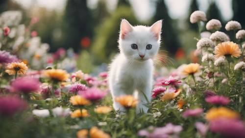 An adventurous white kitten exploring a large garden full of colorful flowers.