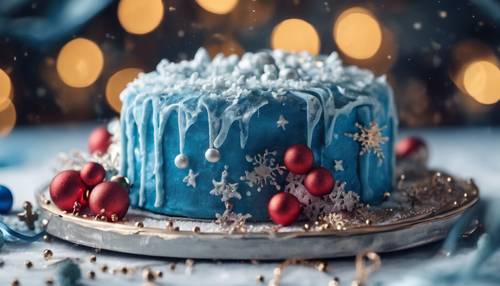 A tasty blue frosted Christmas cake with festive decorations on top