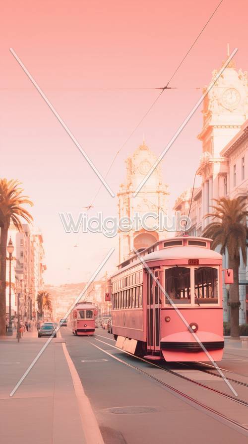 Escena rosada de la ciudad al atardecer con tranvía antiguo