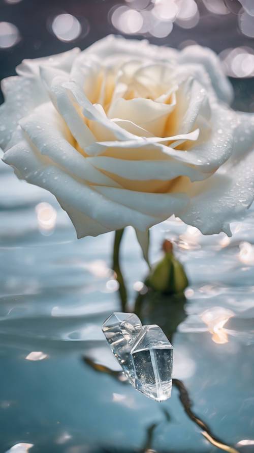 一朵白玫瑰浸在清澈的水晶水中，花瓣優雅地展開。