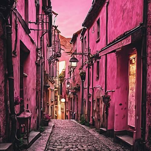 Um beco silencioso em uma cidade antiga, iluminado pela misteriosa aura rosa claro.