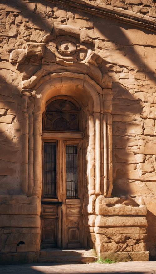 An old sandstone building at sunset, with shadows casting dramatic patterns on the weathered walls. Tapet [d30372413938431b830c]