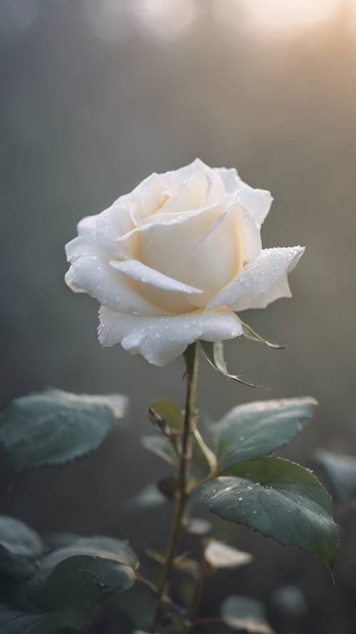 A lone white rose enveloped in soft, ethereal morning fog.