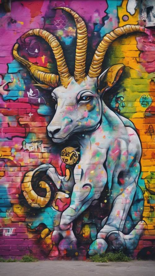 Dziwaczna interpretacja Koziorożca w sztuce ulicznej na pokrytym graffiti murze miejskim, pełnym żywych kolorów.