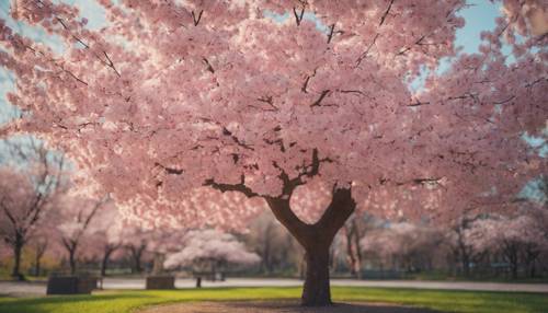 公園の真ん中にあるかわいいピンクの桜の木"