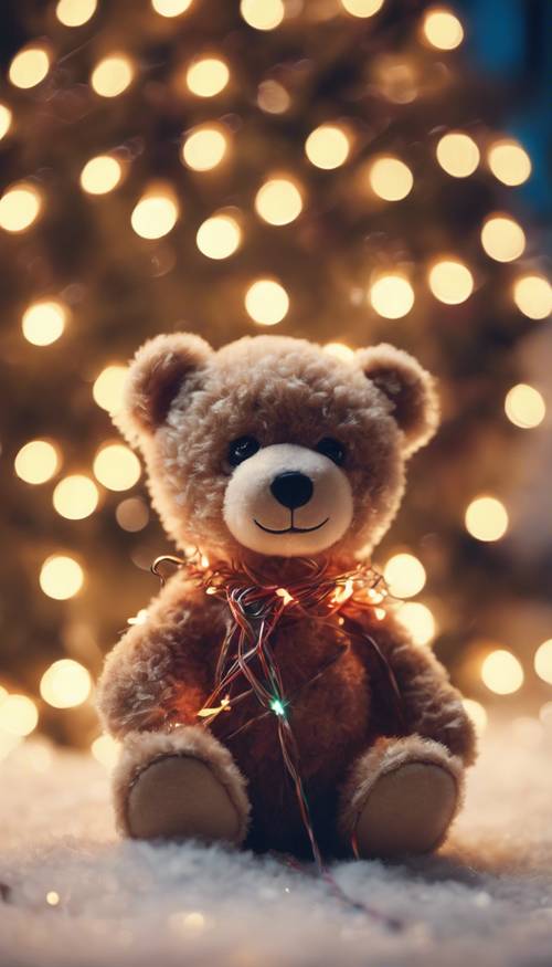 An adorable teddy bear untangling a string of twinkling lights beneath a festive New Year tree. Wallpaper [df505e627e6c4efe8cdb]