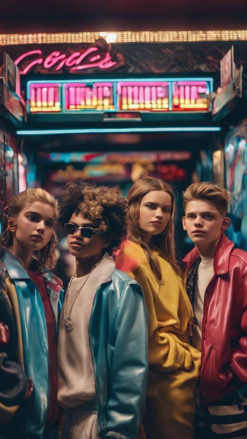 A group of teenagers dressed in iconic 80s fashion, hanging out at an arcade.