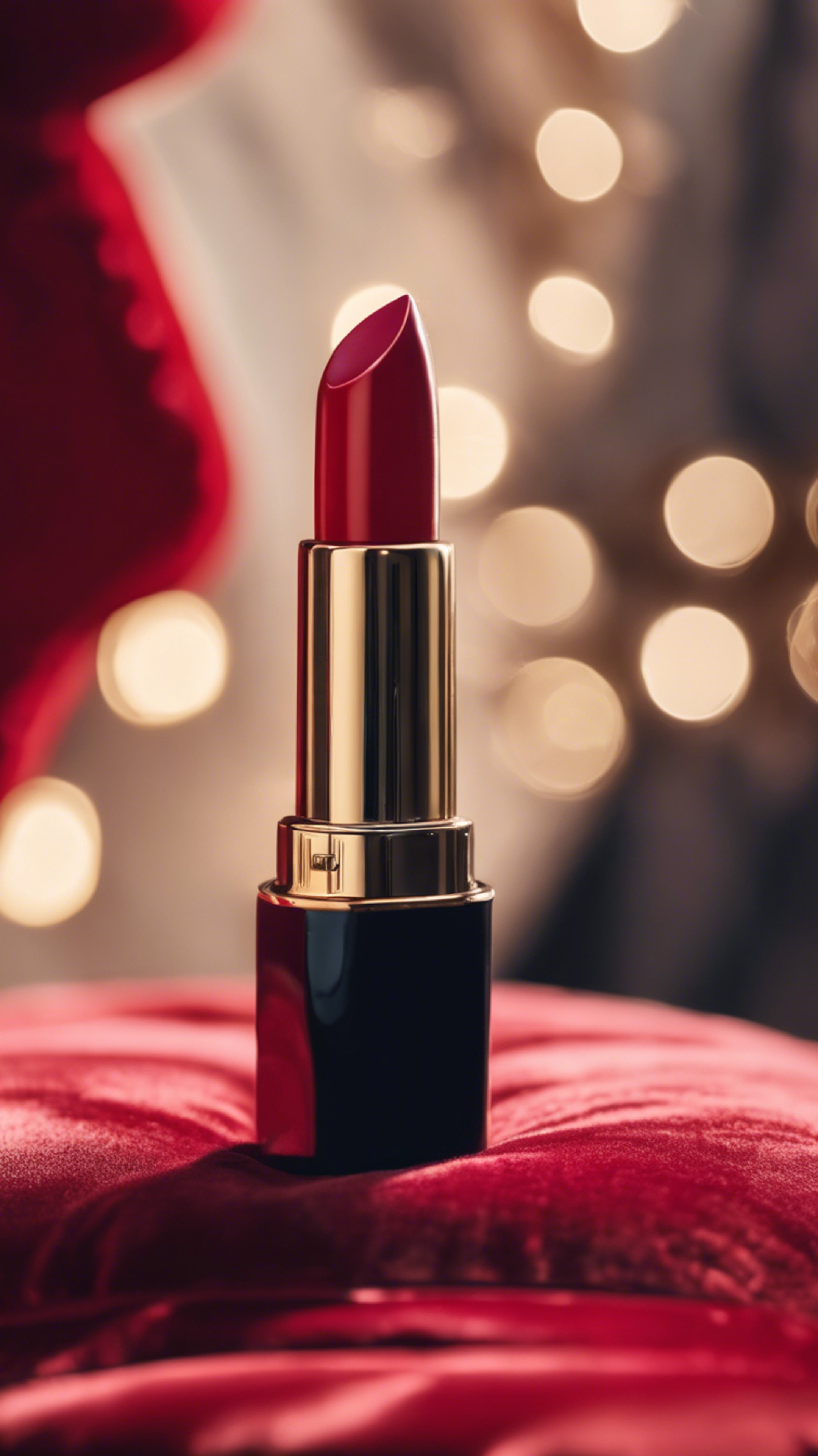 A luxury red lipstick displayed on a plush velvet cushion. 벽지[becb77b7269f4dbdb5b5]