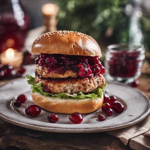 A turkey burger with cranberry sauce served on a rustic table setting.