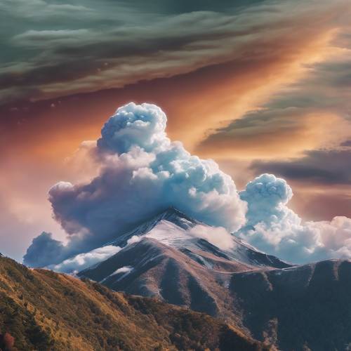 这是一幅抽象艺术作品，描绘了一系列五彩斑斓的荚状云盘旋在山脉上空。