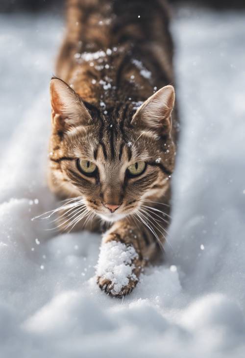Ein einzelner Pfotenabdruck einer getigerten Katze, zart im weißen Schnee hinterlassen.