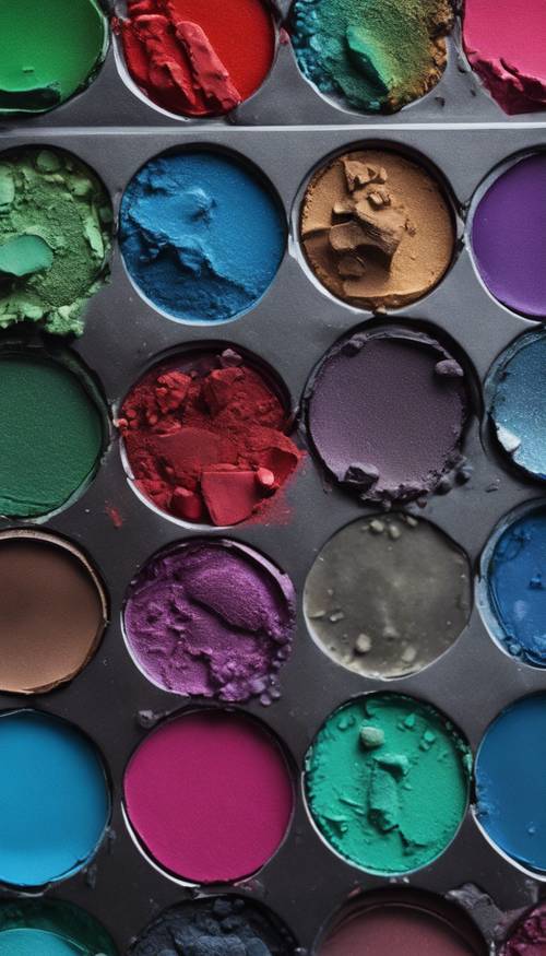 Gambar close-up palet eyeshadow warna-warni, dengan rona biru, hijau, merah, dan ungu cerah. Wallpaper [c97da03745514f21a6ea]